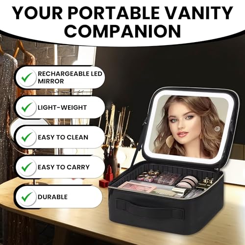 Oceanevo Small Cosmetic Organizer Bag with Rechargeable LED Mirror and Makeup Sponge Included, Makeup Vanity Box with 3 LED Brightness Modes and Adjustable Dividers - 26 x 23 x 11 Cm - Black PU - Image 5
