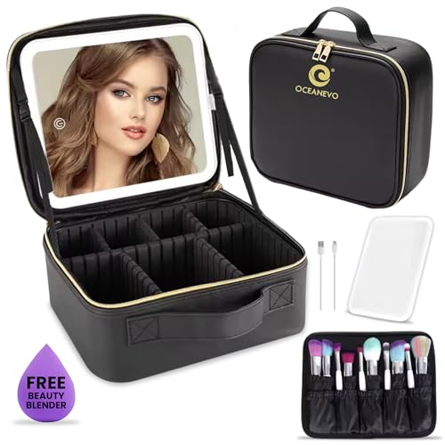 Oceanevo Small Cosmetic Organizer Bag with Rechargeable LED Mirror and Makeup Sponge Included, Makeup Vanity Box with 3 LED Brightness Modes and Adjustable Dividers - 26 x 23 x 11 Cm - Black PU - Image 2