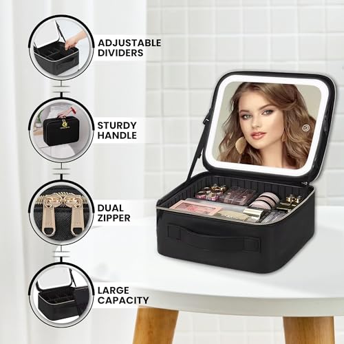Oceanevo Small Cosmetic Organizer Bag with Rechargeable LED Mirror and Makeup Sponge Included, Makeup Vanity Box with 3 LED Brightness Modes and Adjustable Dividers - 26 x 23 x 11 Cm - Black PU - Image 4