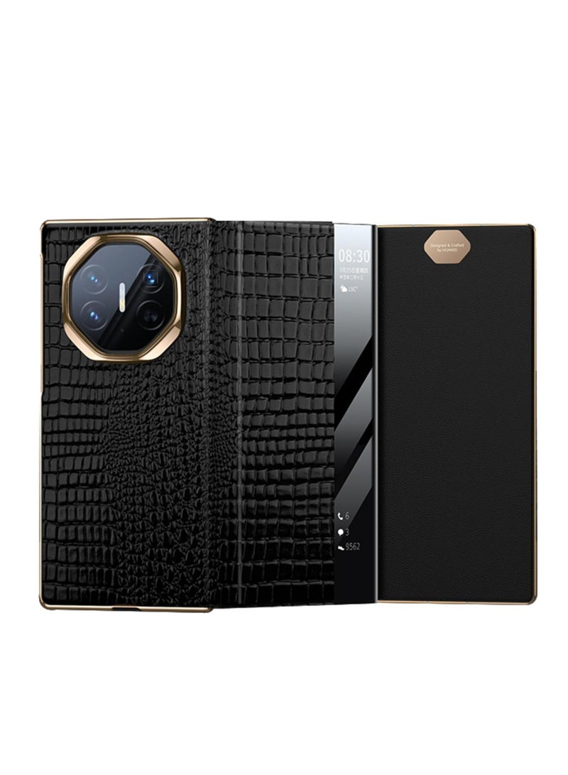 Genuine Leather Case for Huawei Mate XT, Luxury Electroplated Crocodile Pattern Flip Cover Smart Viewing Window All-Inclusive Phone Case,Black - Image 1