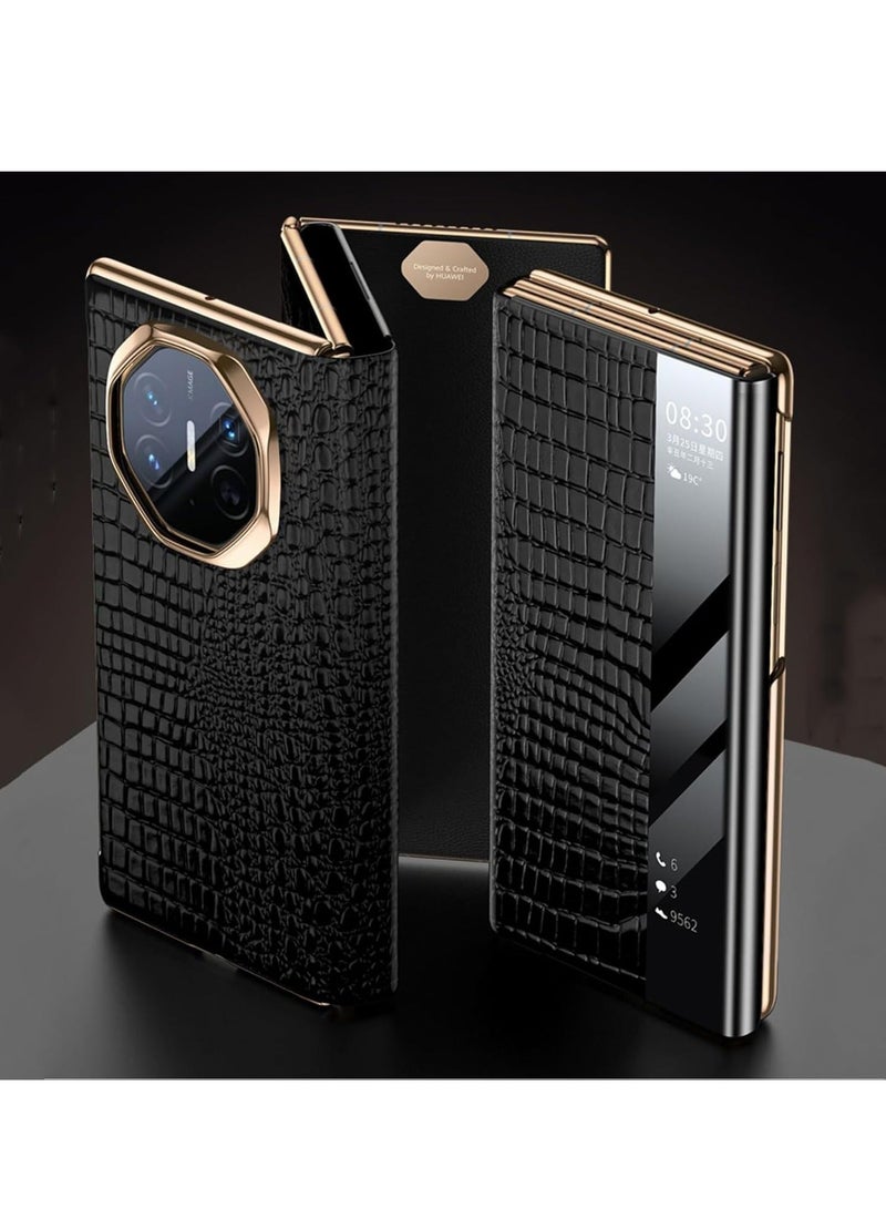 Genuine Leather Case for Huawei Mate XT, Luxury Electroplated Crocodile Pattern Flip Cover Smart Viewing Window All-Inclusive Phone Case,Black - Image 2
