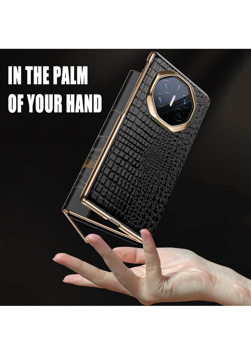 Genuine Leather Case for Huawei Mate XT, Luxury Electroplated Crocodile Pattern Flip Cover Smart Viewing Window All-Inclusive Phone Case,Black - Image 4