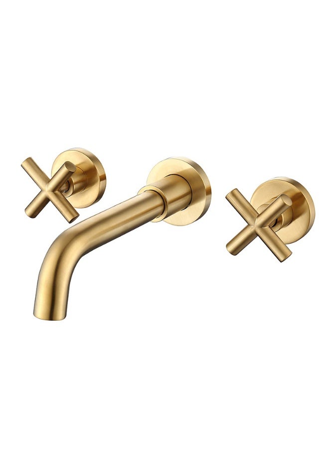 TASVORA Matte Gold Wall Mounted Basin Mixer Tap | Widespread 3 Hole Bathroom Sink Faucet | Dual Cross Handles | Solid Brass Lavatory Mixer | Swivel Spout | Hot & Cold Water Control | Rough-in Valve Included | Modern Vanity Faucet - Image 1