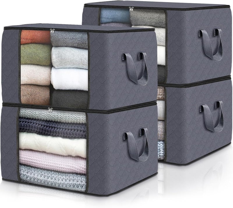 Fab totes 4-Pack Clothes Storage, Foldable Blanket Storage Bags, Storage Containers for Organizing Bedroom, Closet, Clothing, Comforter, Organization and Storage with Lids and Handle, Grey - Image 1