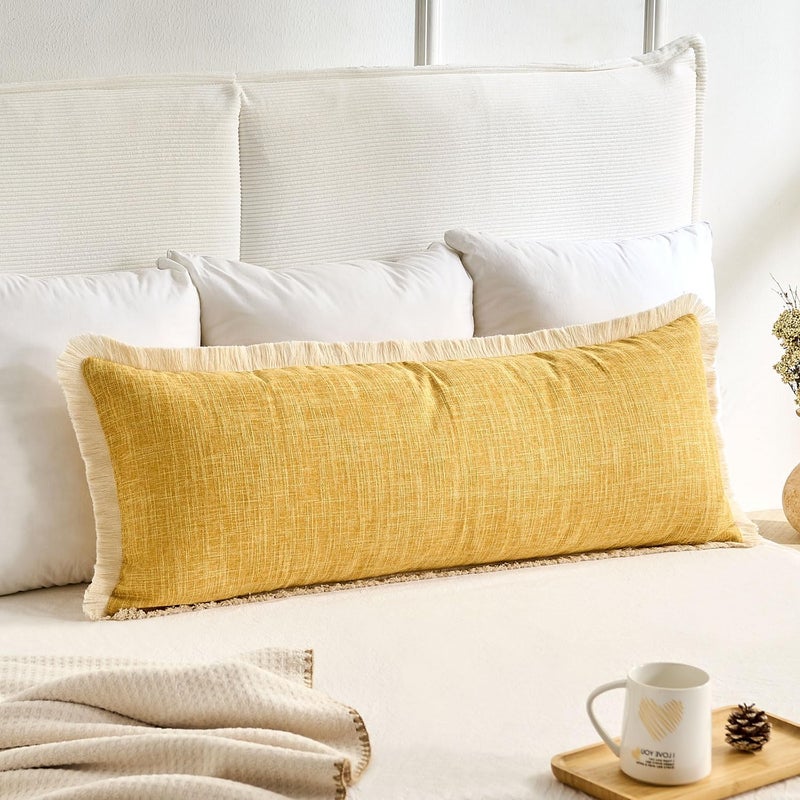 KWLET Boho Accent Pillowcase 14×36 Decorative Lumbar Throw Pillow Cover Farmhouse Cushion for Couch Sofa Bedroom Living Home Décor Mustard Yellow - Image 2