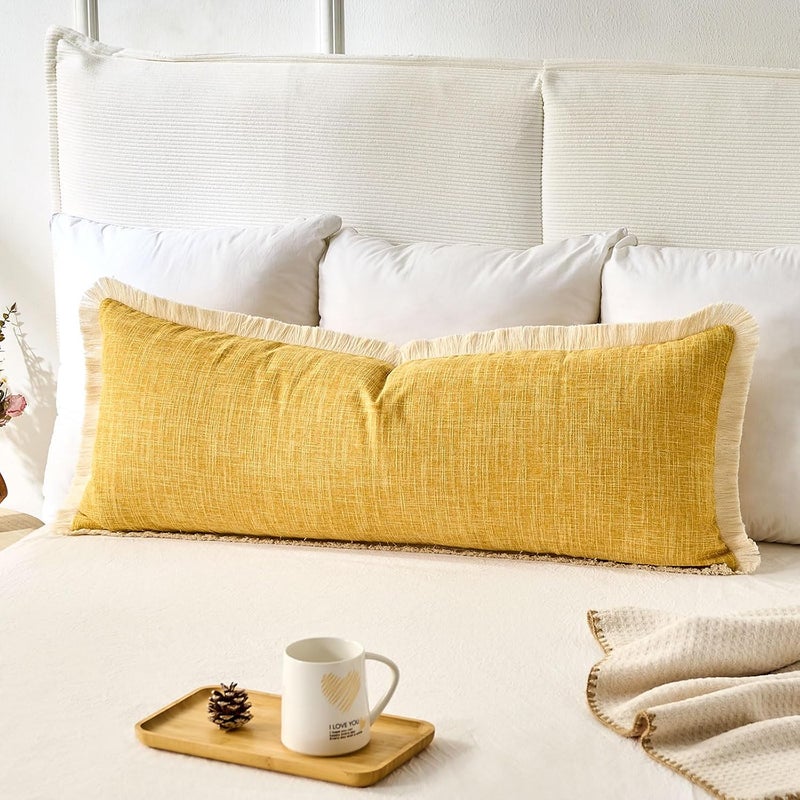 KWLET Boho Accent Pillowcase 14×36 Decorative Lumbar Throw Pillow Cover Farmhouse Cushion for Couch Sofa Bedroom Living Home Décor Mustard Yellow - Image 1