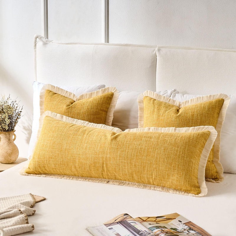 KWLET Boho Accent Pillowcase 14×36 Decorative Lumbar Throw Pillow Cover Farmhouse Cushion for Couch Sofa Bedroom Living Home Décor Mustard Yellow - Image 3