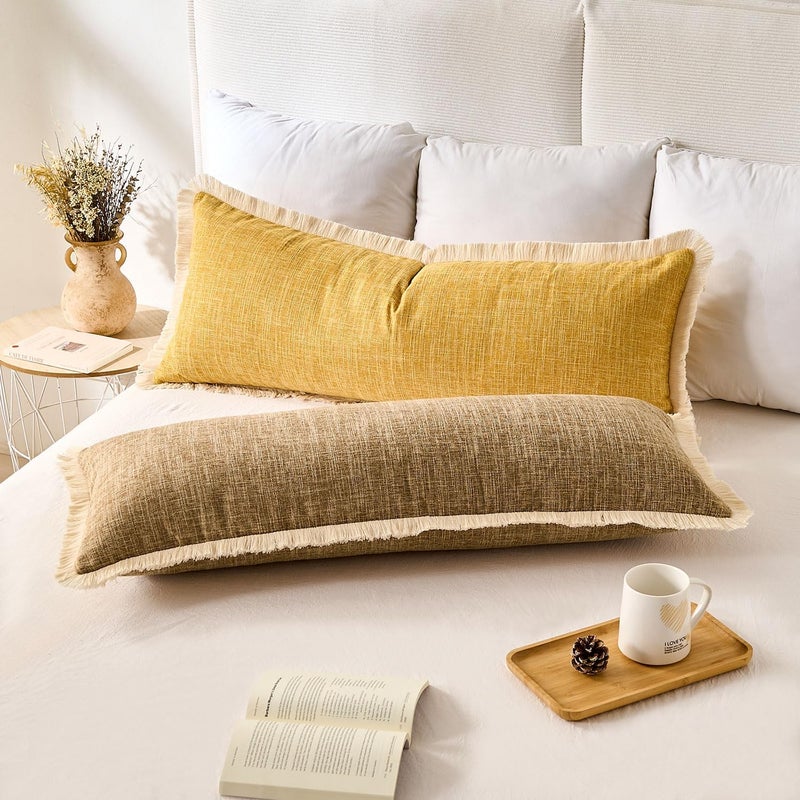 KWLET Boho Accent Pillowcase 14×36 Decorative Lumbar Throw Pillow Cover Farmhouse Cushion for Couch Sofa Bedroom Living Home Décor Mustard Yellow - Image 4