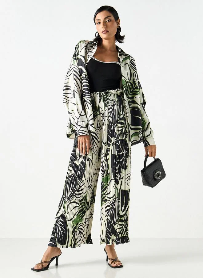 2Xtremz 2Xtremz Printed Pleated Palazzo Pants with Elasticated Paperbag Waist