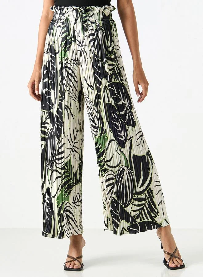 2Xtremz 2Xtremz Printed Pleated Palazzo Pants with Elasticated Paperbag Waist