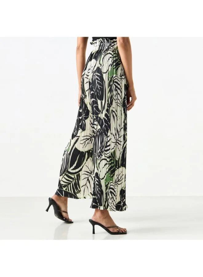 2Xtremz 2Xtremz Printed Pleated Palazzo Pants with Elasticated Paperbag Waist