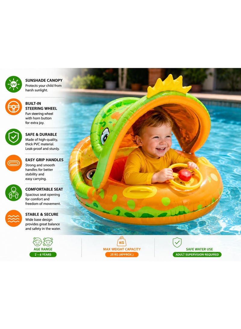 Orange Dinosaur Kids Inflatable Swim Float With Canopy And Steering Wheel For Pool And Beach 90Cm Ages 2 To 6 Years - Image 1
