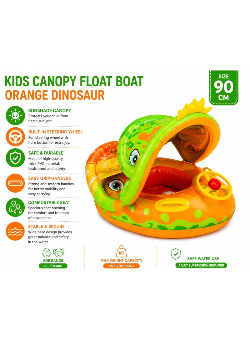 Orange Dinosaur Kids Inflatable Swim Float With Canopy And Steering Wheel For Pool And Beach 90Cm Ages 2 To 6 Years - Image 2