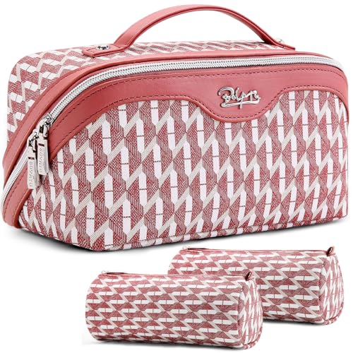 BOYATU Travel Makeup Bags for Women Large Capacity Cosmetic Bag Set of 3 Vegan Leather Make up Bags with Compartments Wide Open Waterproof Toiletry Organizer Bag with Handle P03Red - Image 1