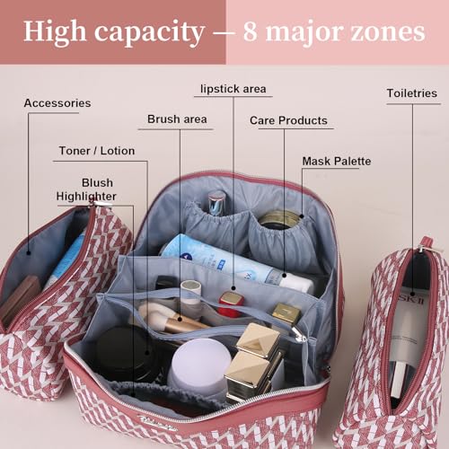 BOYATU Travel Makeup Bags for Women Large Capacity Cosmetic Bag Set of 3 Vegan Leather Make up Bags with Compartments Wide Open Waterproof Toiletry Organizer Bag with Handle P03Red - Image 3