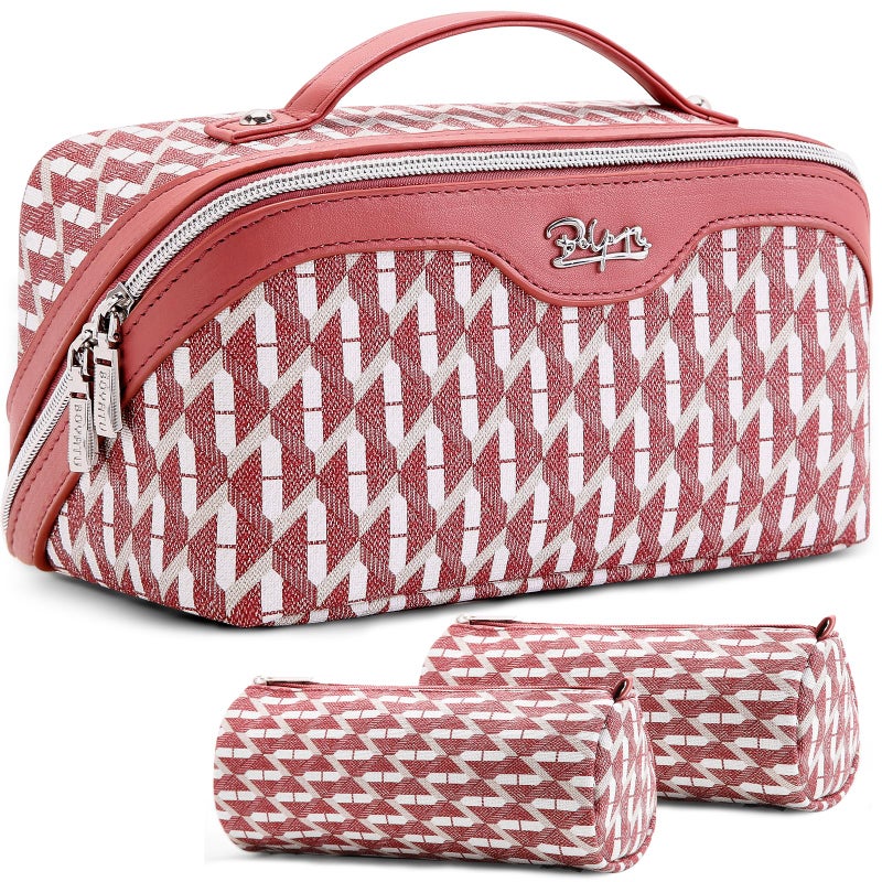BOYATU Travel Makeup Bags for Women Large Capacity Cosmetic Bag Set of 3 Vegan Leather Make up Bags with Compartments Wide Open Waterproof Toiletry Organizer Bag with Handle P03Red - Image 2