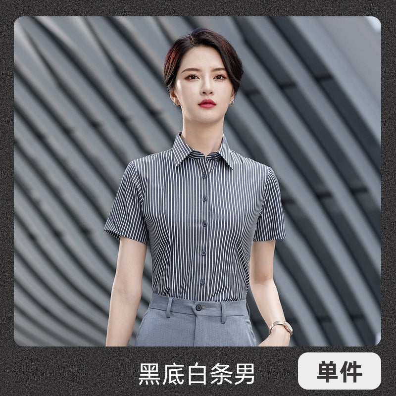 Mens and womens black and white vertical stripes business shirt short sleeve summer shirt bank salesman work clothes factory clothes embroidered logo Women's white striped black shirt