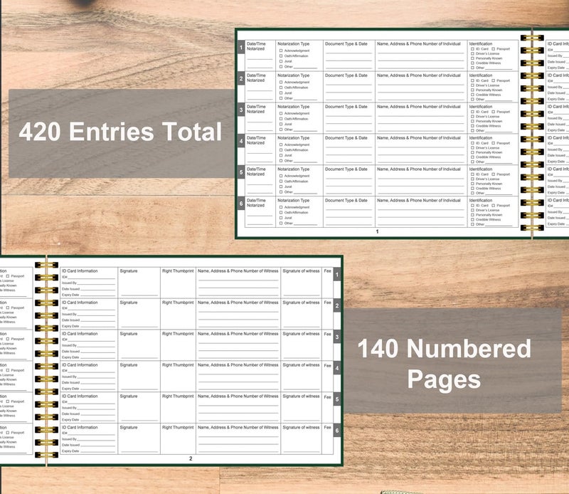 Tuun Fuplan Notary Journal Log Book - Hardcover Notary Book with 420 Record Entries, 140 Numbered Pages, 10'' X 7'' Horizontal Public Journal Record Book for Notarial Records, 100gsm Thick Paper, Green - Image 3