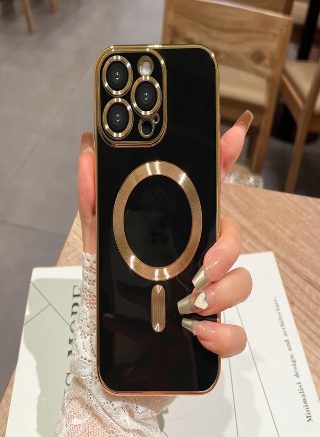 OOK Magnatic Case for iPhone 16 Pro Case [Compatible with MagSafe] Full Camera Lens Protector Gold Electroplate Edge Soft TPU Shockproof Protective Phone Case for Women Men 6.3 Inch - Black - Image 1