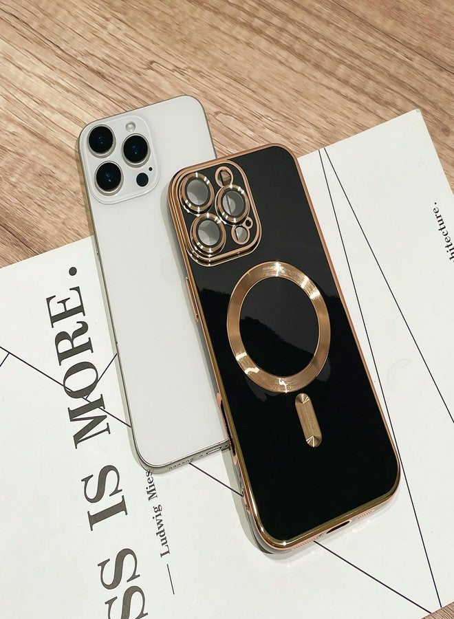 OOK Magnatic Case for iPhone 16 Pro Case [Compatible with MagSafe] Full Camera Lens Protector Gold Electroplate Edge Soft TPU Shockproof Protective Phone Case for Women Men 6.3 Inch - Black - Image 2