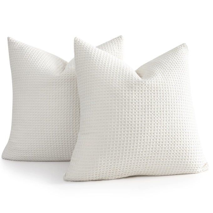 PILLOW COVERS 26X26 SET OF 2 COTTON EURO SHAMS WITH HIDDEN ZIPPER WRINKLE RESISTANT BREATHABLE DECORATIVE WAFFLE WEAVE PILLOWCASES FOR COUCH SOFA BEDROOM CAR IVORY WHITE