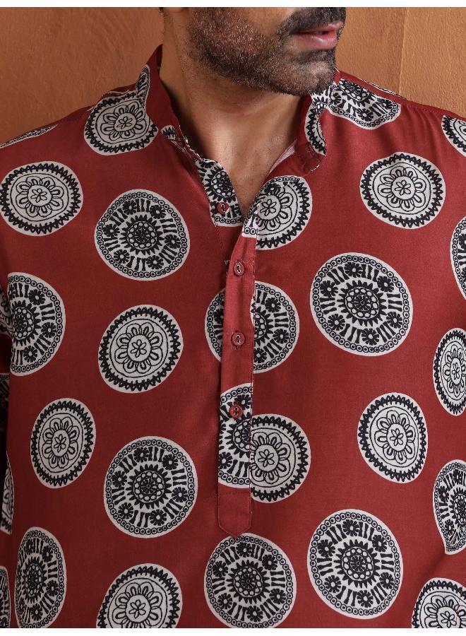 ترو برونز Men's Rust Printed Kurta - Image 5