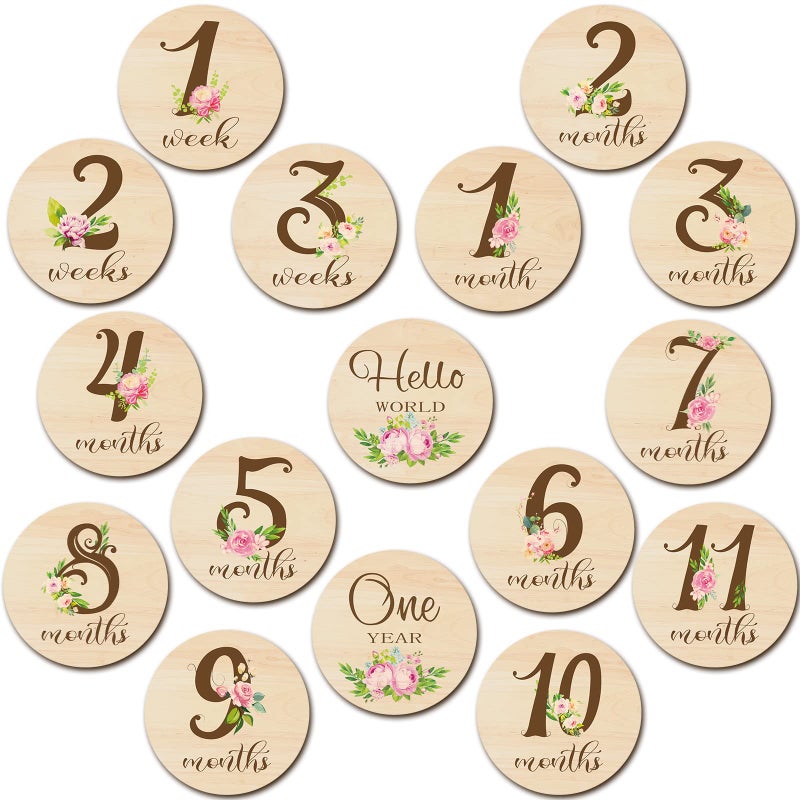 Tiamon 16 Pieces Wooden Baby Monthly Milestone Cards Baby Monthly Milestone Marker Discs Double Sided Monthly Milestone Wooden Circles Baby Months Signs for Baby Shower Newborn Photo Props(Flower) - Image 1