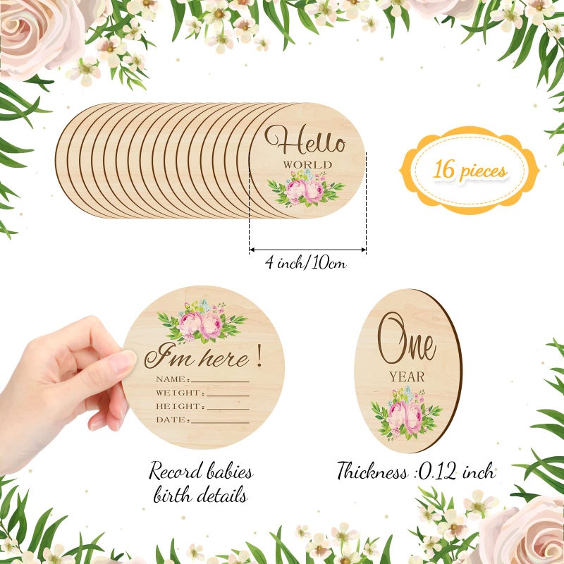 Tiamon 16 Pieces Wooden Baby Monthly Milestone Cards Baby Monthly Milestone Marker Discs Double Sided Monthly Milestone Wooden Circles Baby Months Signs for Baby Shower Newborn Photo Props(Flower) - Image 2