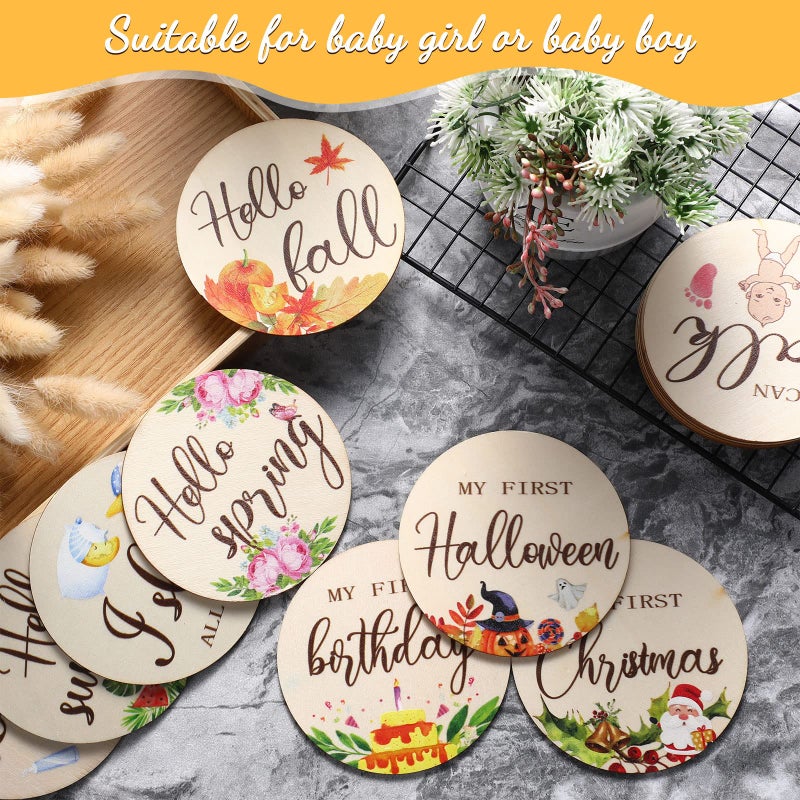 Tiamon 16 Pieces Wooden Baby Monthly Milestone Cards Baby Monthly Milestone Marker Discs Double Sided Monthly Milestone Wooden Circles Baby Months Signs for Baby Shower Newborn Photo Props(Flower) - Image 4