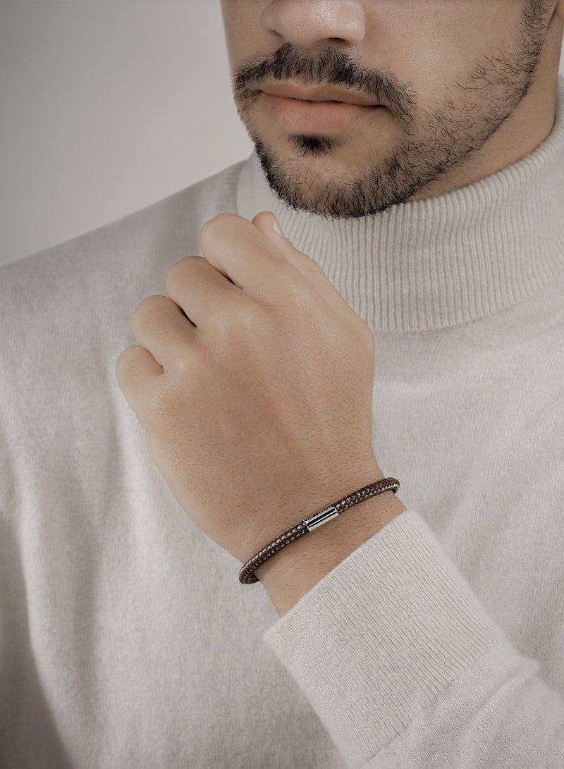 Guy Laroche Pierre Brown Cord and Silver Bracelet For Men - Image 4