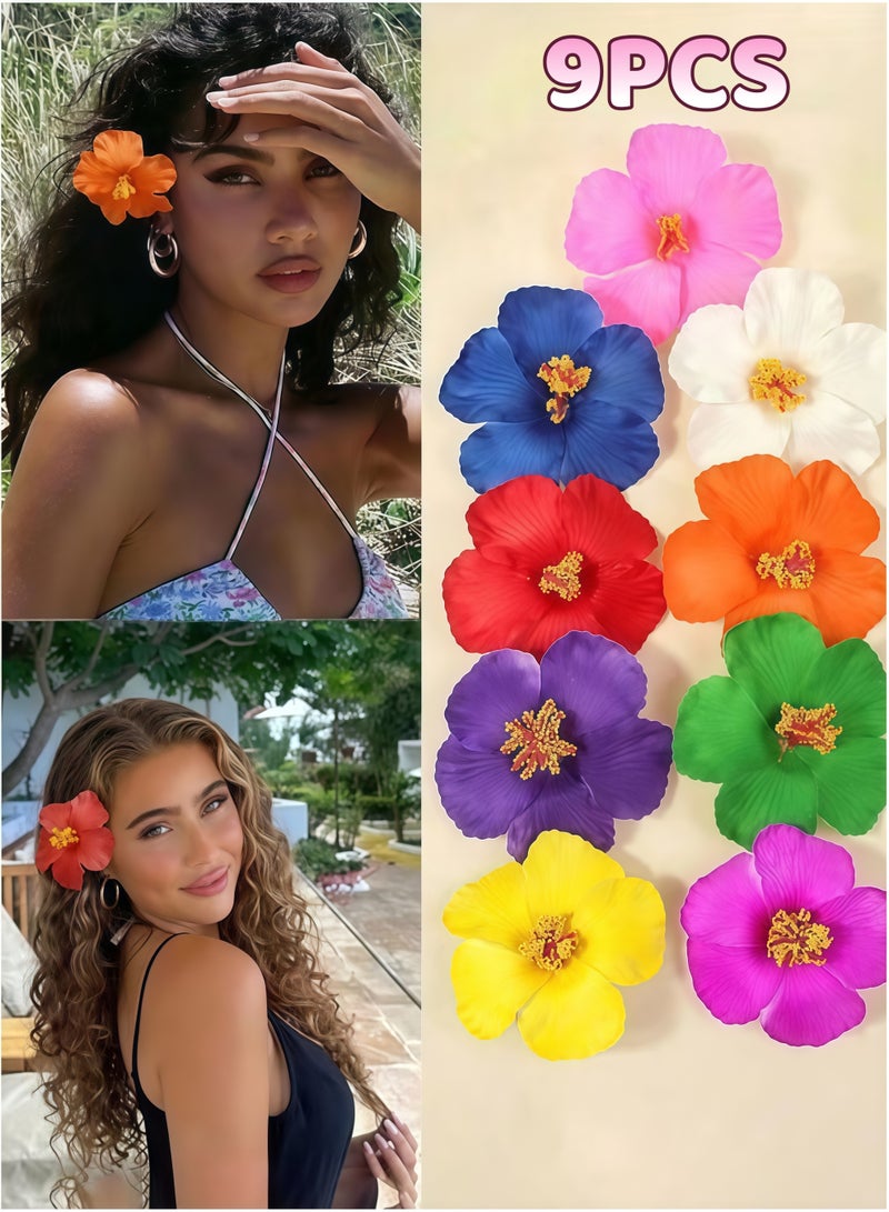 Set of 9 pieces Hawaiian flower hair clips suitable for beach trips, summer parties, and pool events. Available in vibrant colors. - Image 1