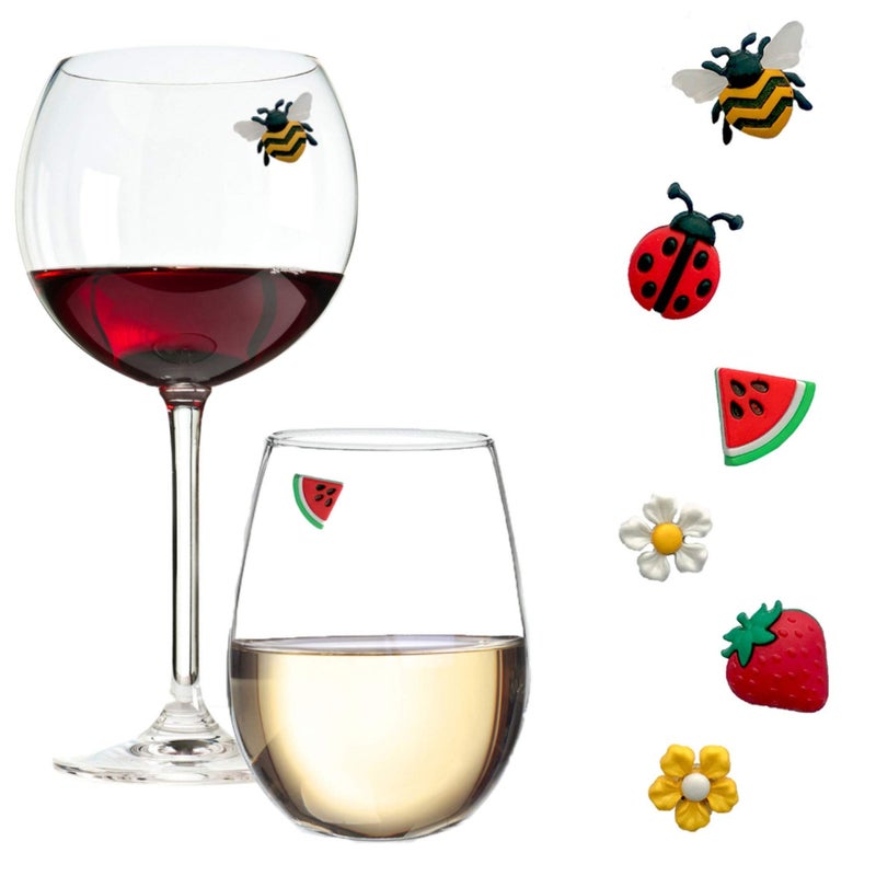 Simply Charmed Magnetic Wine Glass Charms with Bee Strawberry and Flowers Set of 6 Fun Drink Markers or Cocktail Identifiers