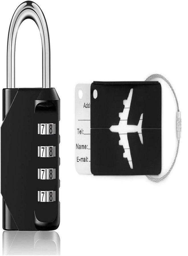 Gopendra Padlock 4 Digit Combination Lock, Resettable Padlock Long Shackle Luggage Lock with Luggage Tags Aluminum Alloy Luggage Tag (Black Color) - Image 1