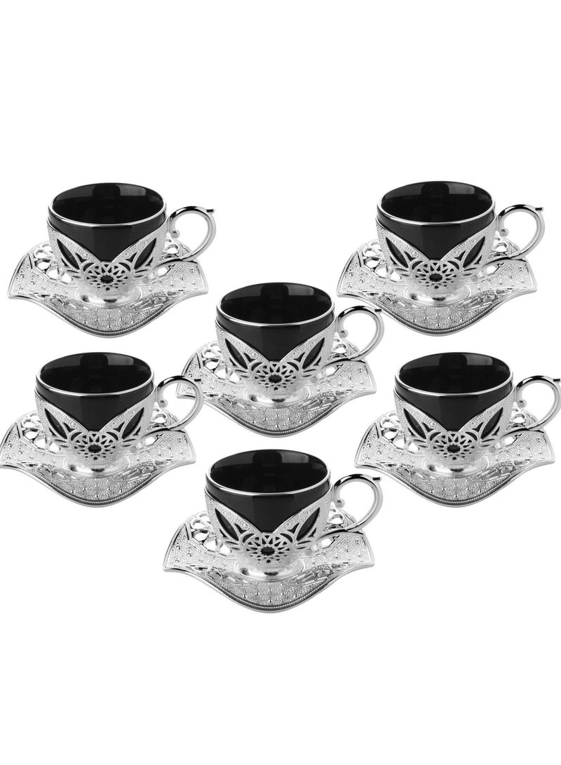 Busem Elegant Turkish Coffee Set of 6 Black Porcelain Cups with Holders and Twisted Silver Copper Saucers – Made in Türkiye - Image 2