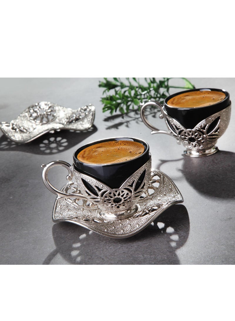 Busem Elegant Turkish Coffee Set of 6 Black Porcelain Cups with Holders and Twisted Silver Copper Saucers – Made in Türkiye - Image 3