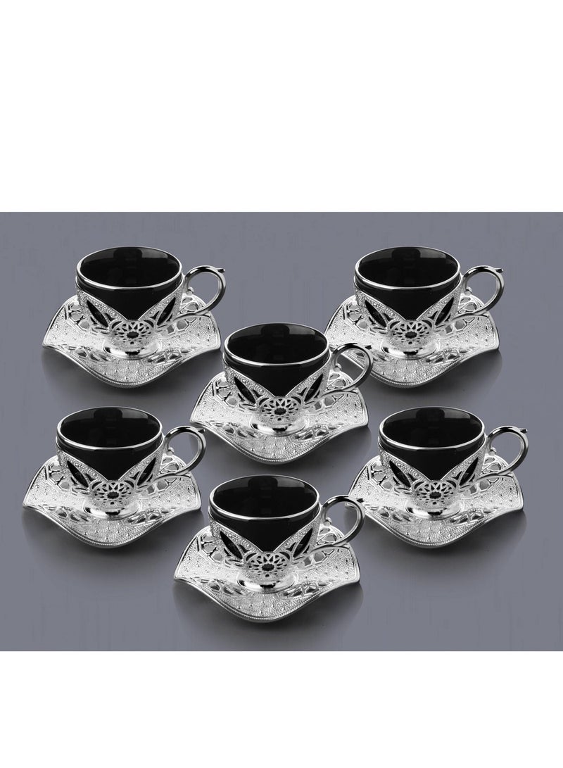 Busem Elegant Turkish Coffee Set of 6 Black Porcelain Cups with Holders and Twisted Silver Copper Saucers – Made in Türkiye - Image 1
