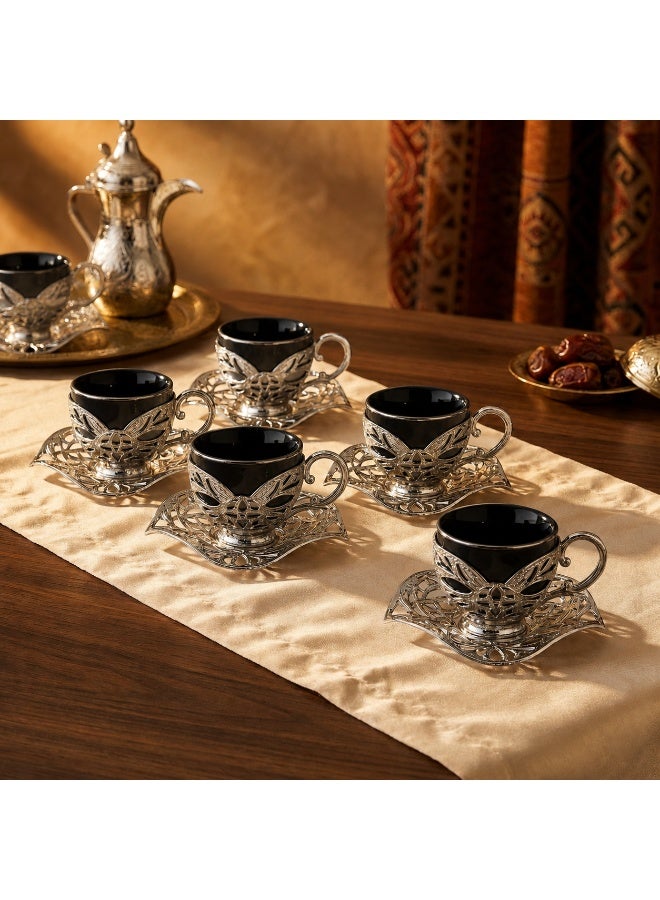 Busem Saudi tea and coffee set of 6 Black Porcelain Cups with Holders and Twisted Silver Copper Saucers – Made in Türkiye - Image 1