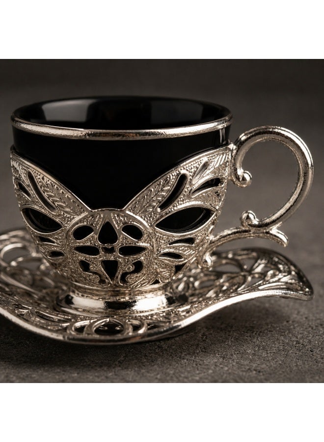 Busem Saudi tea and coffee set of 6 Black Porcelain Cups with Holders and Twisted Silver Copper Saucers – Made in Türkiye - Image 2