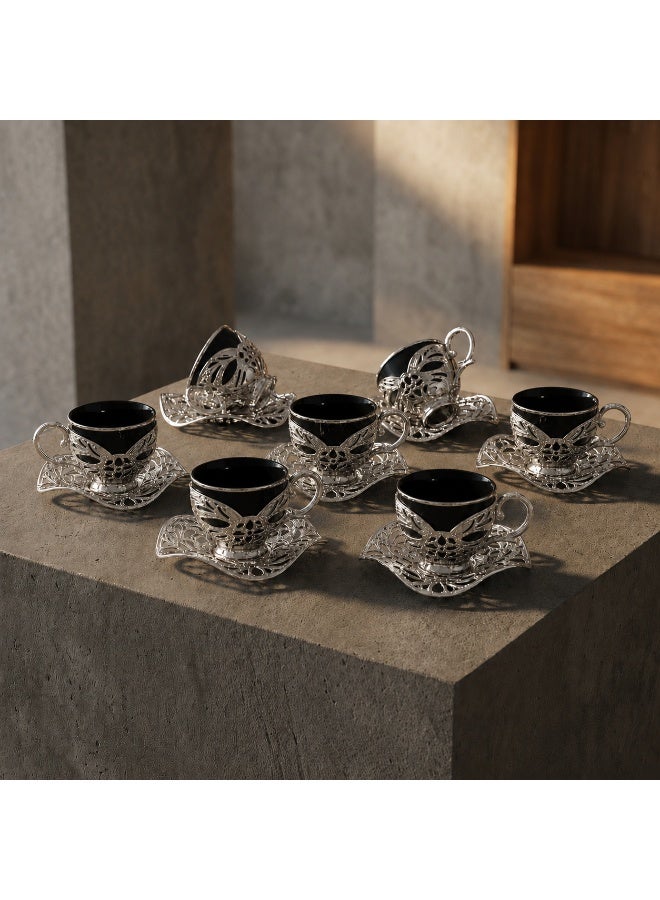 Busem Saudi tea and coffee set of 6 Black Porcelain Cups with Holders and Twisted Silver Copper Saucers – Made in Türkiye - Image 3