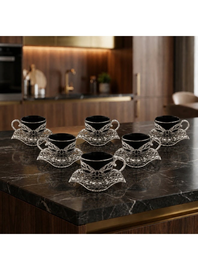 Busem Saudi tea and coffee set of 6 Black Porcelain Cups with Holders and Twisted Silver Copper Saucers – Made in Türkiye - Image 4