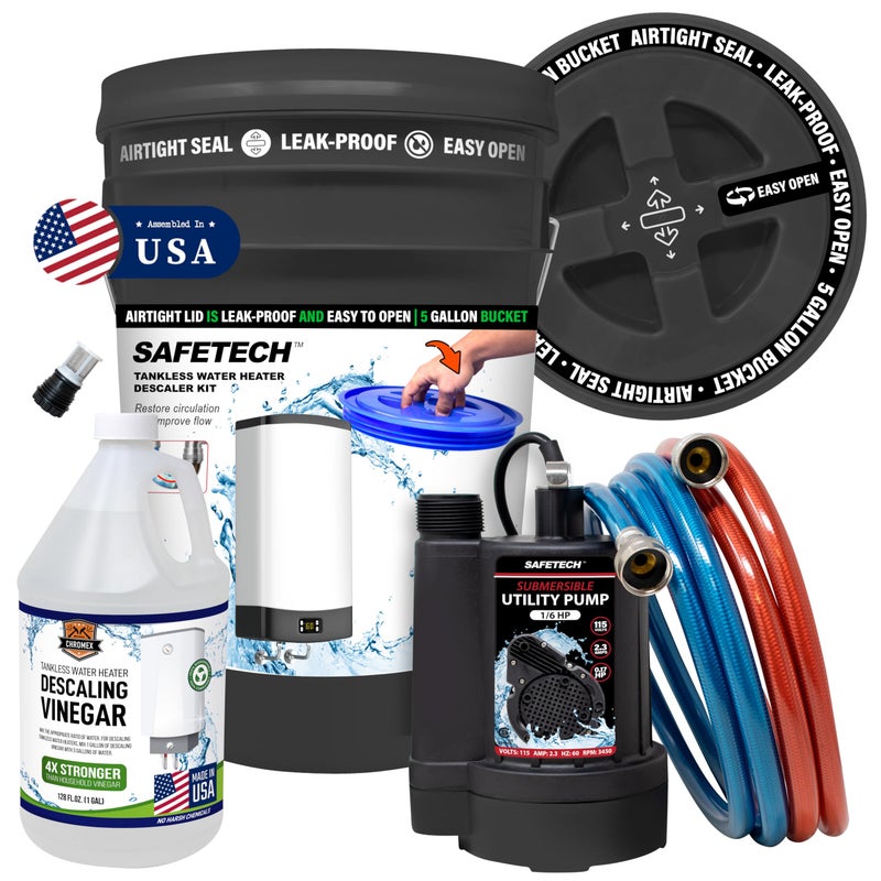 Safetech Tankless Water Heater Flushing Kit with 5Gallon ScrewTop Lid Premium Braided Hoses 16 HP Pump and Concentrated Vinegar