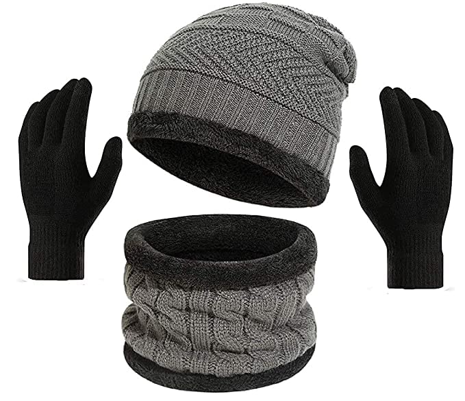 Creature Winter Knit Beanie Cap Hat Neck Warmer Scarf and Woolen Gloves Set for Men & Women (3 Piece) (GREY) - Image 1
