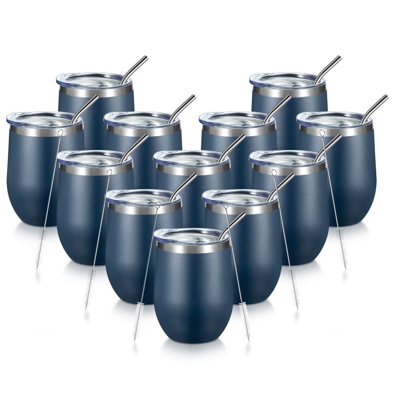 COMOOO 12 Pack Stainless Steel Wine Tumblers with Lid and Straw 12oz Double Wall Vacuum Insulated Wine Tumbler Cup Stemless for Hot and Cold Drinks Coffee Wine Cocktails Navy