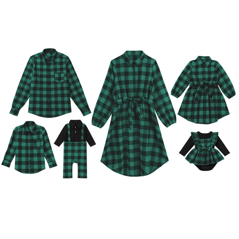 Mommy and Me Christmas Dresses Long Sleeve Green Red Black Buffalo Plaid Family Matching Outfits for Photoshoot Fall Winter Gingham Mom Daughter Daddy Son Matching Outfits Green Plaid Baby Girls 36M