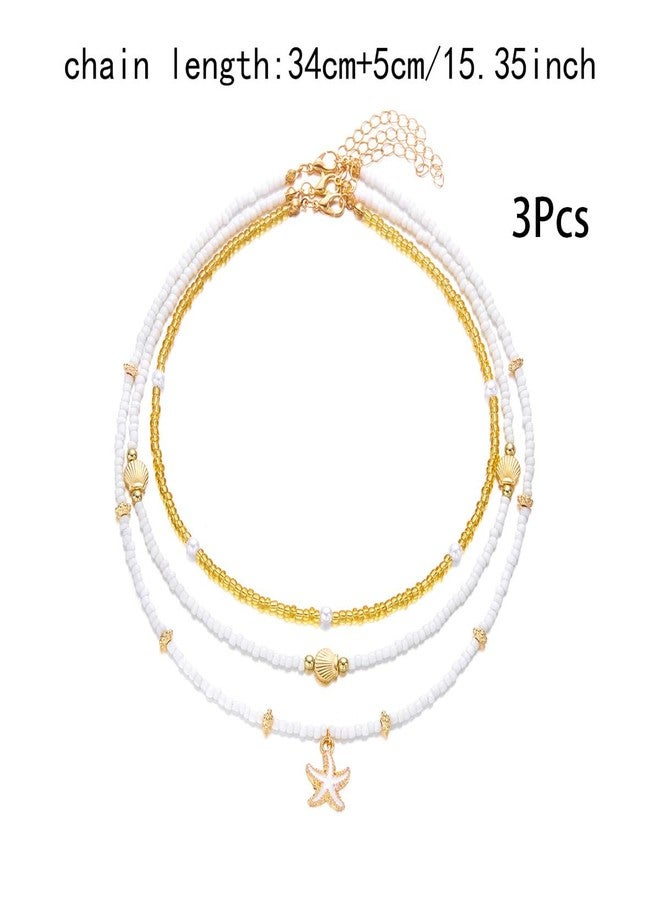 FFZDENA 3-Pcs Beach Jewellery for Women, Layered Necklace for Women, Shell Jewellery for Womens, Snake Necklace for Womens, Starfish Shell Stretch Strand Necklace Set - Image 2