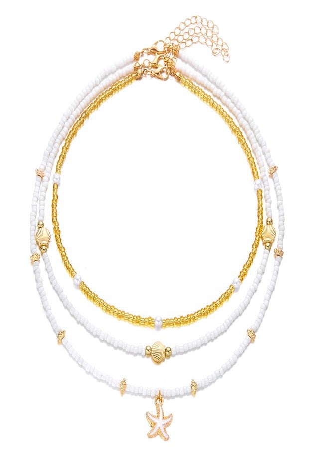 FFZDENA 3-Pcs Beach Jewellery for Women, Layered Necklace for Women, Shell Jewellery for Womens, Snake Necklace for Womens, Starfish Shell Stretch Strand Necklace Set - Image 1