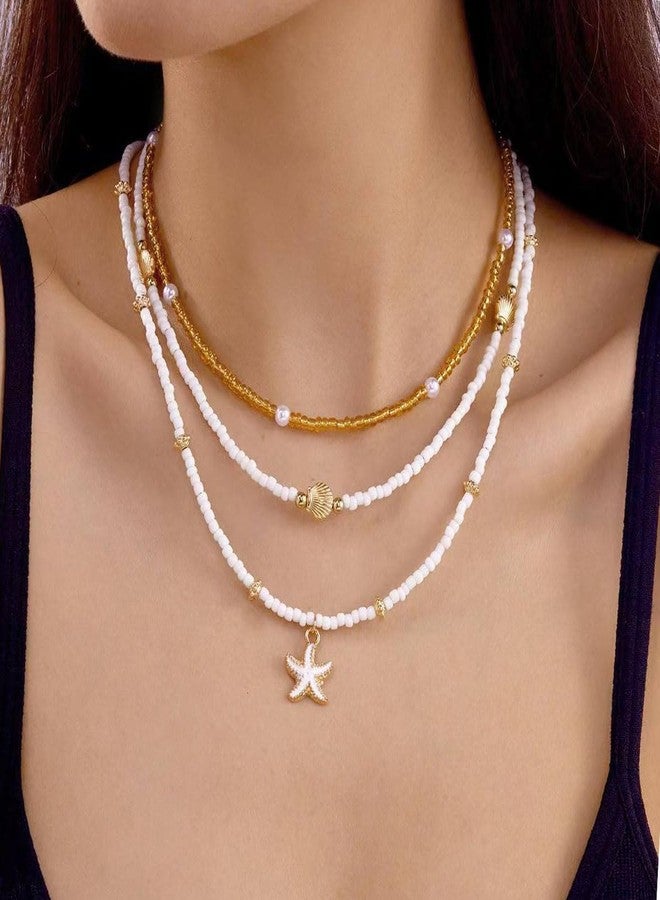 FFZDENA 3-Pcs Beach Jewellery for Women, Layered Necklace for Women, Shell Jewellery for Womens, Snake Necklace for Womens, Starfish Shell Stretch Strand Necklace Set - Image 5