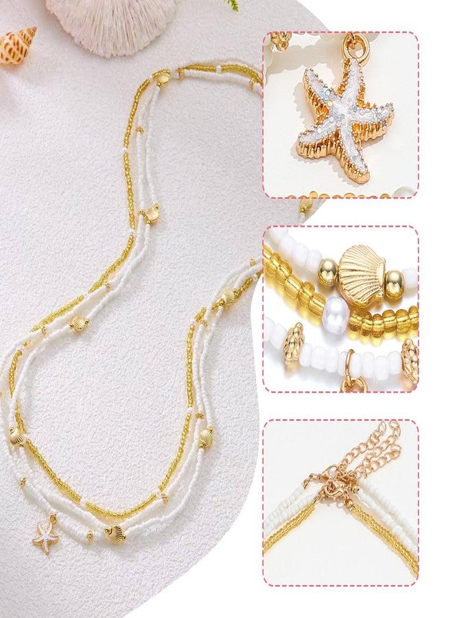 FFZDENA 3-Pcs Beach Jewellery for Women, Layered Necklace for Women, Shell Jewellery for Womens, Snake Necklace for Womens, Starfish Shell Stretch Strand Necklace Set - Image 3