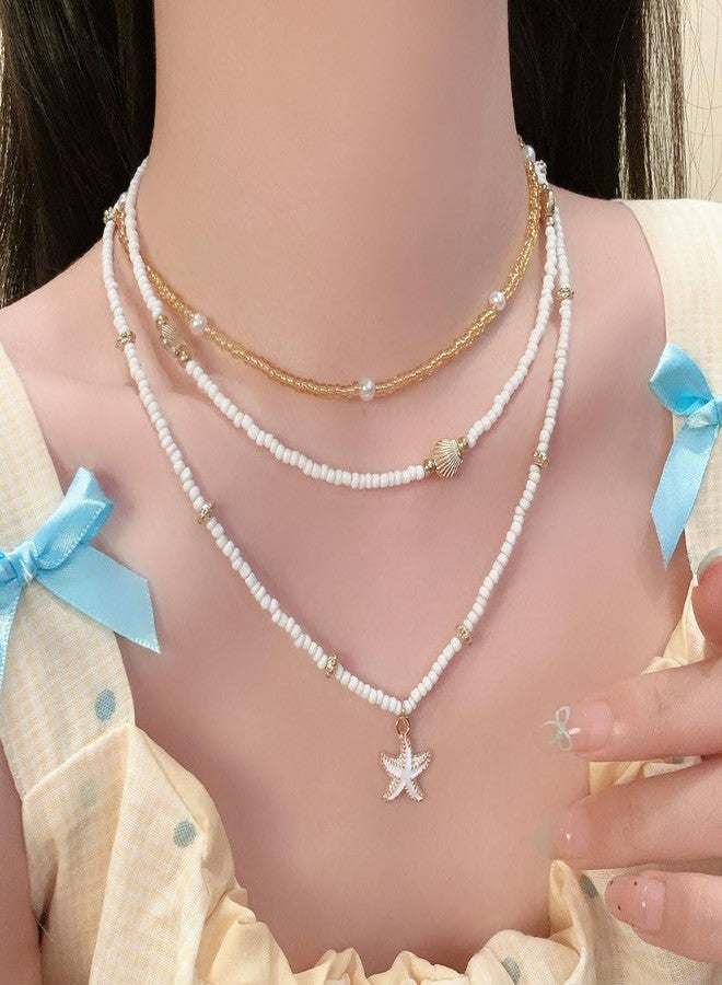 FFZDENA 3-Pcs Beach Jewellery for Women, Layered Necklace for Women, Shell Jewellery for Womens, Snake Necklace for Womens, Starfish Shell Stretch Strand Necklace Set - Image 4