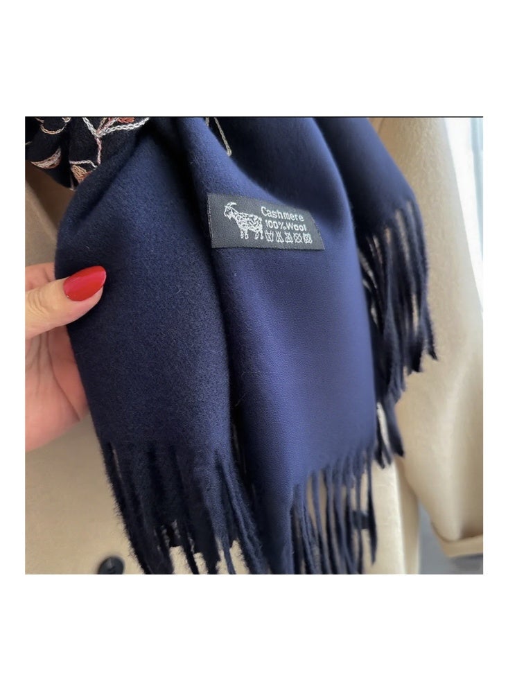 زيمي وشاح شال مطرز على الطراز العرقي للنساء، خلفية زرقاء داكنة مع تطريز زهري رقيق وجوز الكاجو، تصميم هامشي على الحواف، نسيج سميك، دافئ وزخرفي، نمط فريد من نوعه 70*200 سم - Image 3